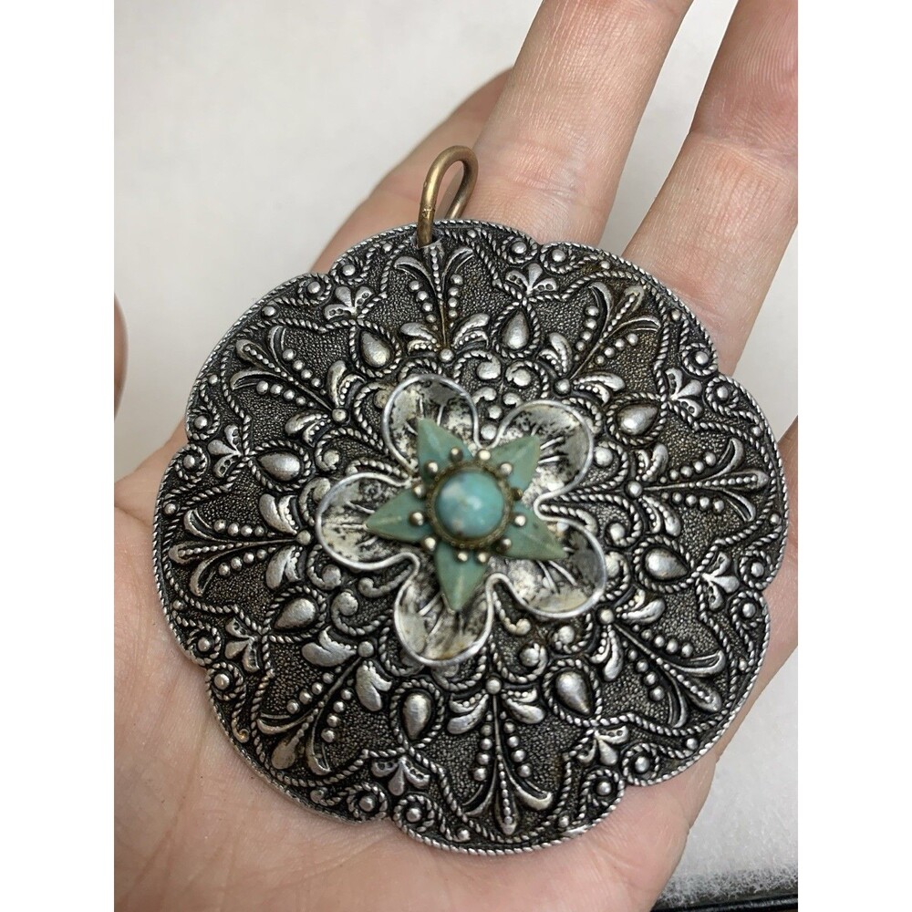 Vintage Floral Medallion Pendant Silver Tone Faux Turquoise Boho Large Pendant